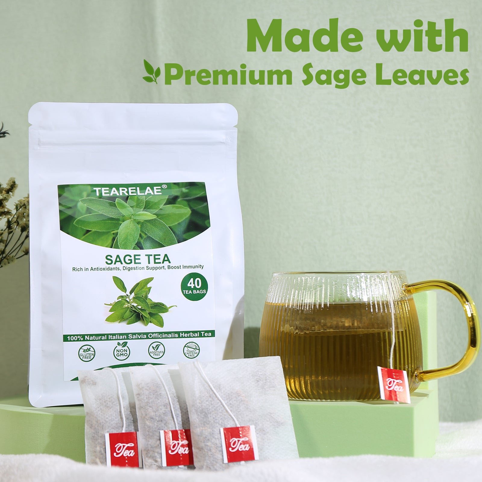 TEARELAE - Premium Sage Leaf Tea Bags - 1.5g x 40 Count - Natural Cut & Sifted Sage Herb Salvia Officinalis - Non-GMO - Caffeine-free - Digestion Support & Breath Support