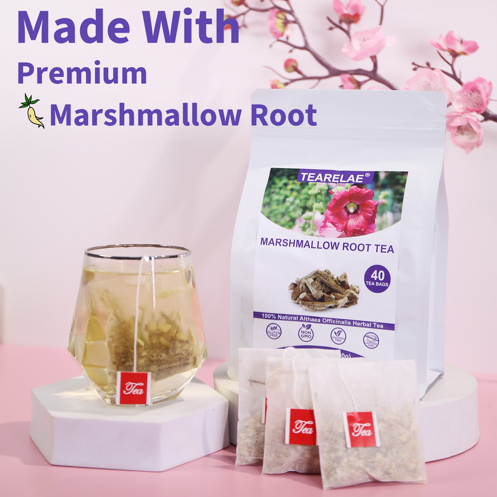 TEARELAE - Marshmallow Root Tea Bags - 2g x 40 Count - Premium Natural Cut & Sifted Althaea Officinalis - Non-GMO - Caffeine-free - Support Digestion & Respiratory