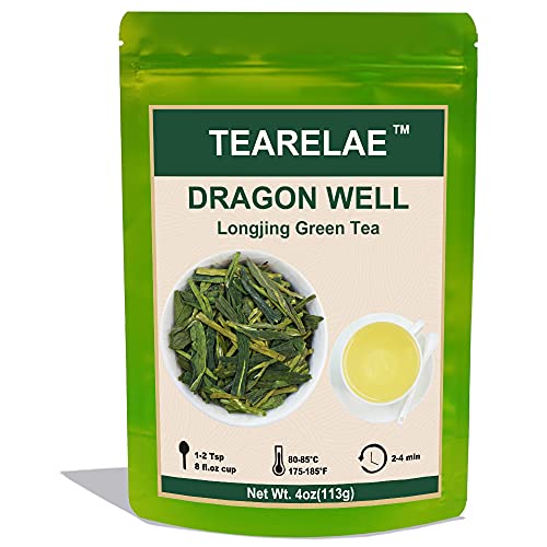 Chinese Longjing Tea Superior Natural Dragon Well Loose Leaf Green Tea Rich Bean Aroma Dragonwell Tea Green Tea Leaves 4oz/113g