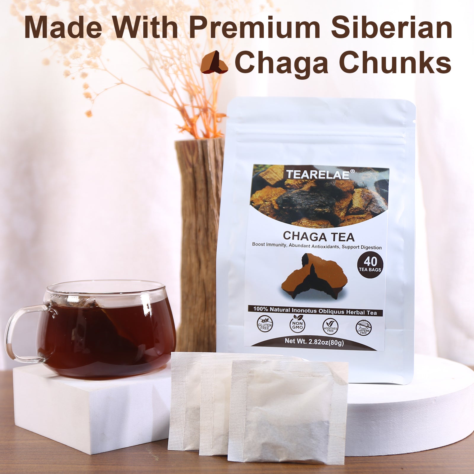 TEARELAE - Chaga Tea - 2g x 40 Count - Wild Harvest from Siberia - 100% Pure Natural Chaga Mushroom Tea Bag - Additive-Free - Non-GMO - Caffeine-free